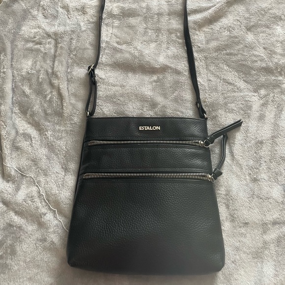 Estalon Black Leather Crossbody Purse with Over the Shoulder Long Strap - Picture 2 of 6